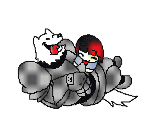 a pixel art drawing of a person and a dog laughing