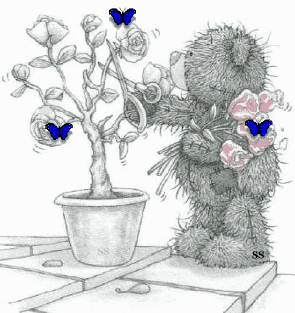 a teddy bear is watering a potted plant with roses .