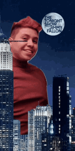 a poster for jimmy fallon shows a man in a red shirt