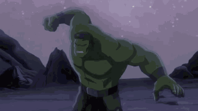 a cartoon hulk is standing in front of a mountain