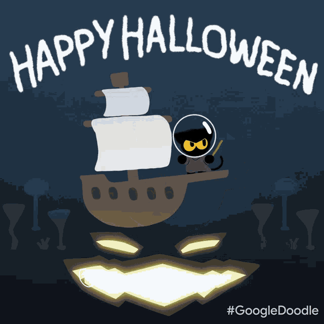 a poster that says happy halloween with a ship