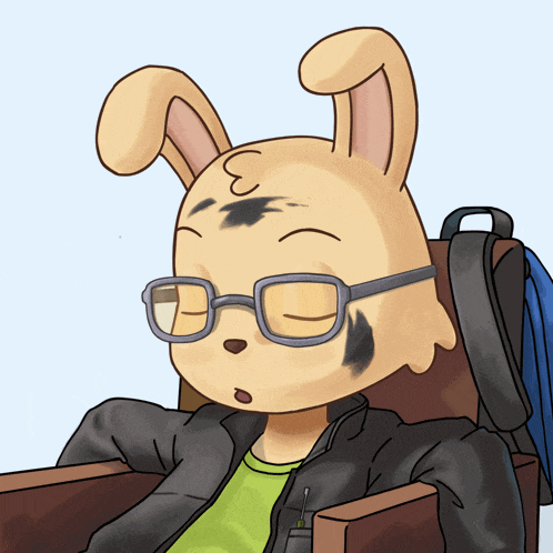 a drawing of a rabbit wearing glasses and a black jacket