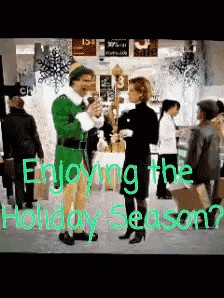 an elf is talking to a woman in a store with the words enjoying the holiday season written below him