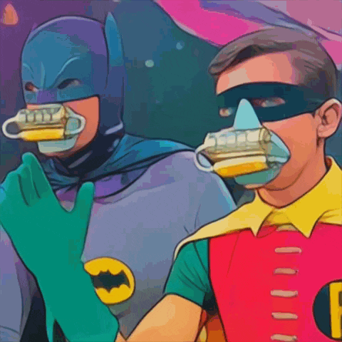 a cartoon of batman and robin drinking beer from cups