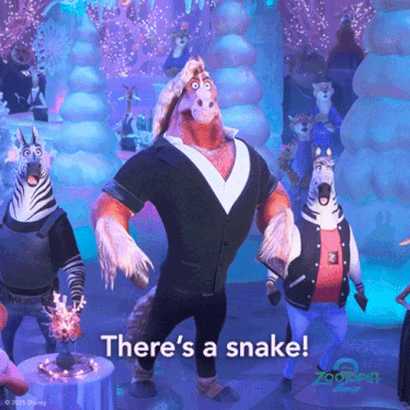 a group of zootopia characters are dancing in a room with the words " there 's a snake " written on the bottom