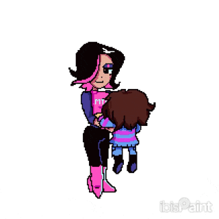 a pixel art of a woman holding a child in her arms