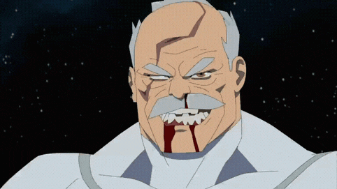 a cartoon character with a mustache and a bloody nose
