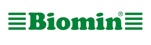 a green and white logo for biomin with a white background