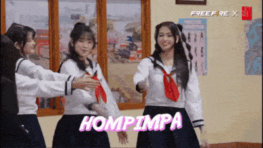 three girls in school uniforms are dancing with the word hompimpa written in pink