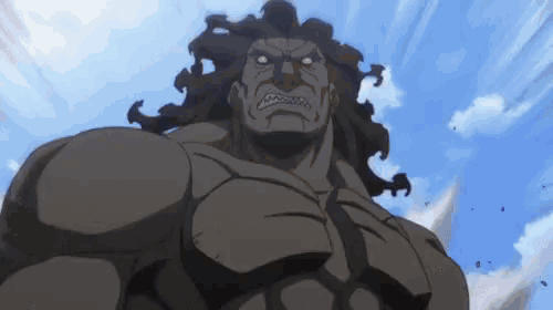 a cartoon character with long hair is standing in front of a blue sky and clouds .
