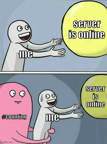 a cartoon of a person reaching for a yellow bubble that says server is online