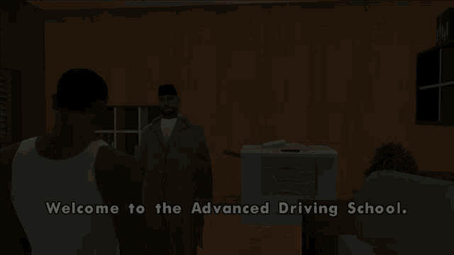 two men are standing in a room with the words welcome to the advanced driving school above them