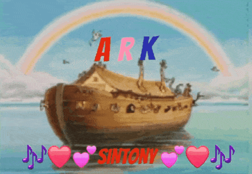 a painting of the ark with a rainbow and hearts