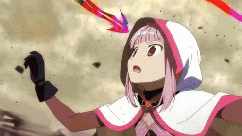 a girl with pink hair and a white cape is looking up at something