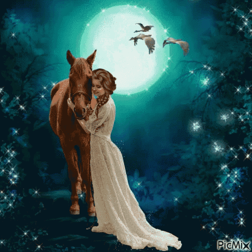 a woman in a white dress hugging a brown horse in front of a full moon