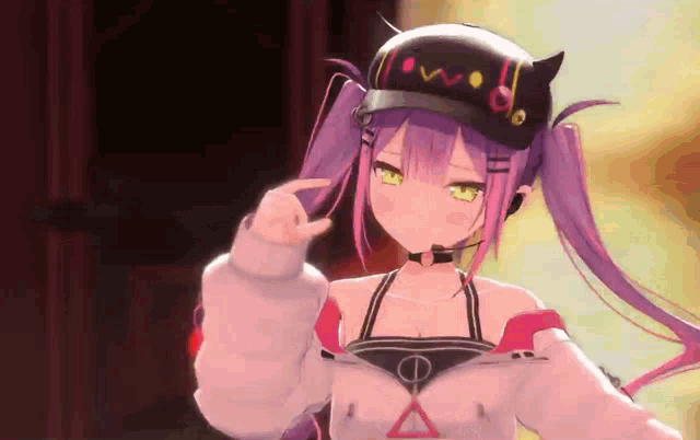 a girl with purple hair is wearing a hat that says ' ow ' on it