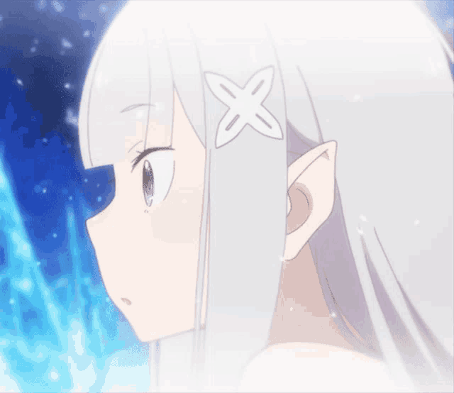 a close up of a girl with white hair and a white flower in her hair
