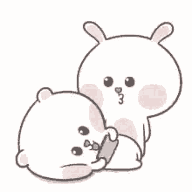 a couple of rabbits are hugging each other and hearts are in the background .