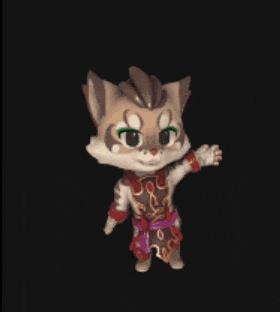a cartoon cat with green eyes is waving its paw