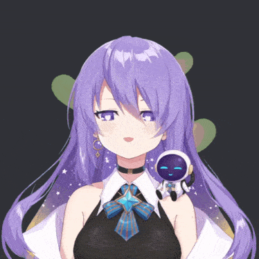 a girl with purple hair is holding a stuffed robot on her shoulder