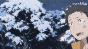 a cartoon of a person standing in front of a snowy tree