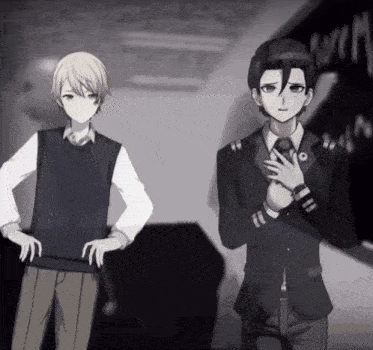 two anime characters are standing next to each other in a hallway .
