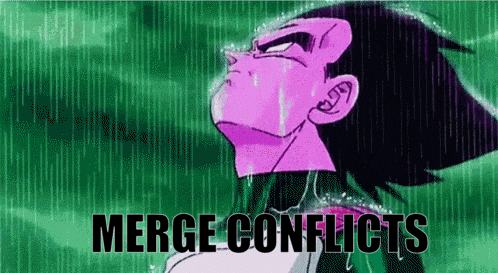 a purple dragon ball z character is crying in the rain with the words `` merge conflicts '' written below him .