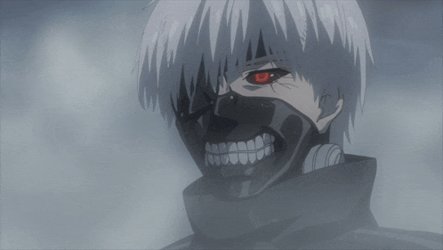 a man with white hair and red eyes is wearing a mask