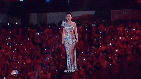 a woman in a silver dress is standing in front of a crowd .