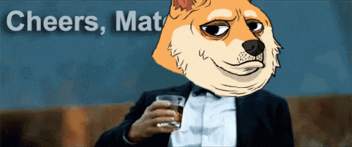 a man in a suit holds a glass of whiskey in front of a dog that says cheers mat