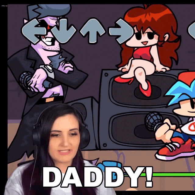 a woman wearing headphones is playing a video game with the words daddy on the bottom