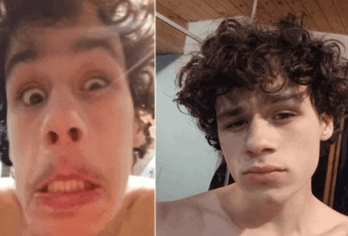 a young man with curly hair making a funny face