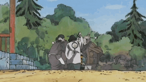 a cartoon of a group of people standing in the woods