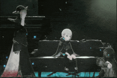 a video game character standing next to a couch