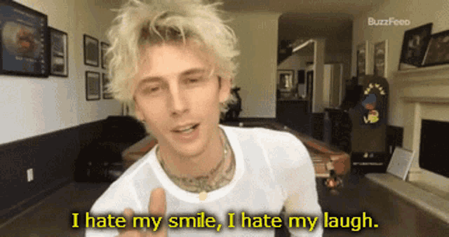 a man says " i hate my smile , i hate my laugh "
