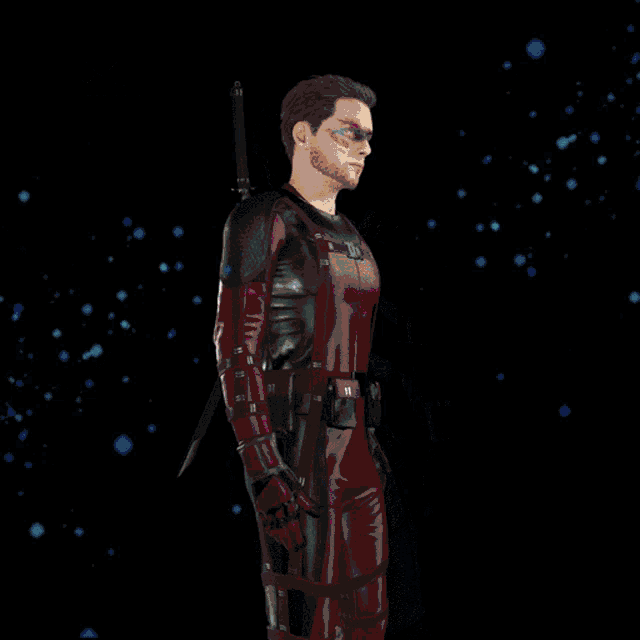a woman in a futuristic outfit is standing in front of a black background with a m on it