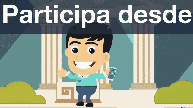 a cartoon of a man holding a cell phone with the words participa desde above him