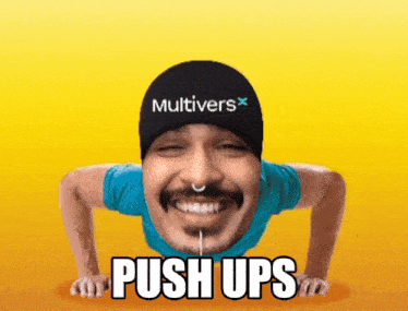 a man is doing push ups with a multivers hat on his head
