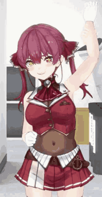 a girl with red hair and white gloves is waving her hand .