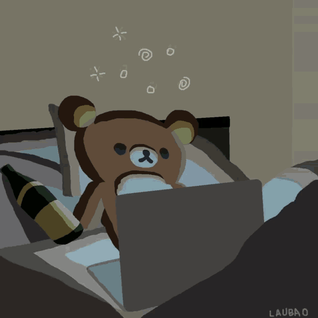 a drawing of a teddy bear laying on a bed with a laptop