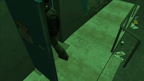 a man in a video game is walking down a hallway in a dark room