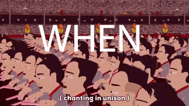 a cartoon of a crowd of people with the word when behind them