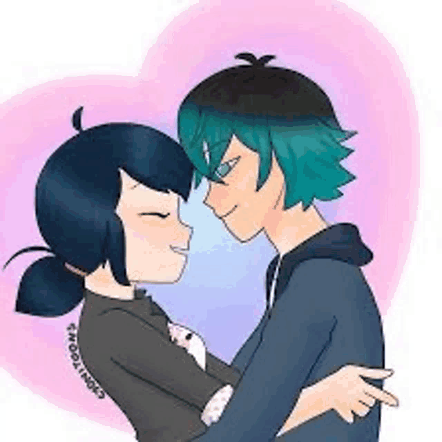 a boy and a girl are hugging each other and looking at each other .