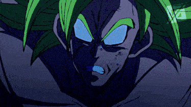 a close up of a cartoon character with green hair and blue eyes