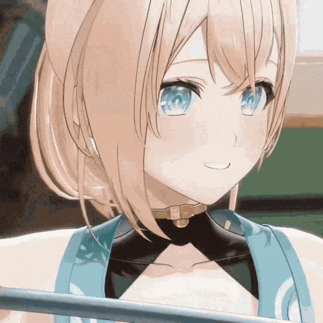 a girl with blonde hair and blue eyes is wearing a collar