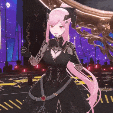 a girl with pink hair and horns is wearing a black dress and black gloves