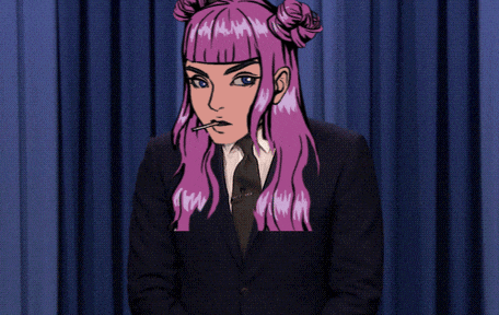a girl with purple hair is wearing a suit and tie and smoking a cigarette