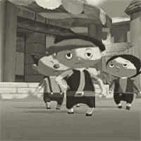 three cartoon characters are walking down a street .