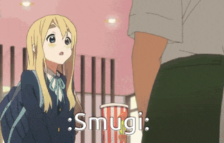 a girl in a school uniform is standing next to a man with the word smugi written in white