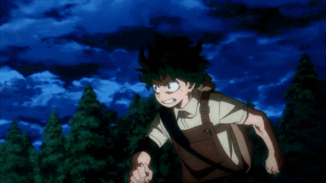 a young boy with green hair is running with a backpack